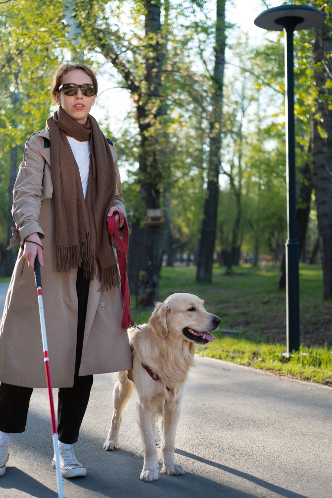 Ragazza con Cane e Bastone Bianco